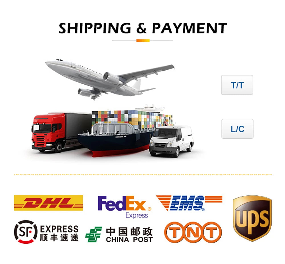 Shipping and payment options including air freight, sea freight, and courier services like DHL, FedEx, EMS, and UPS.