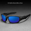 A pair of C3 matte black/mirror blue polarized sports sunglasses displayed on a gray surface.