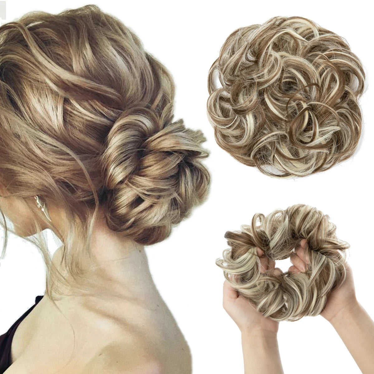 A woman's hair styled in a loose, textured bun with blonde highlights and extensions.