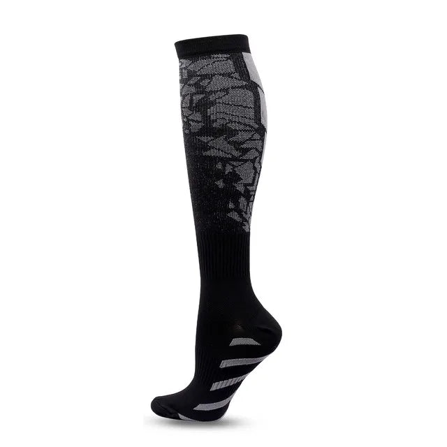 Black graduated compression socks with a patterned design