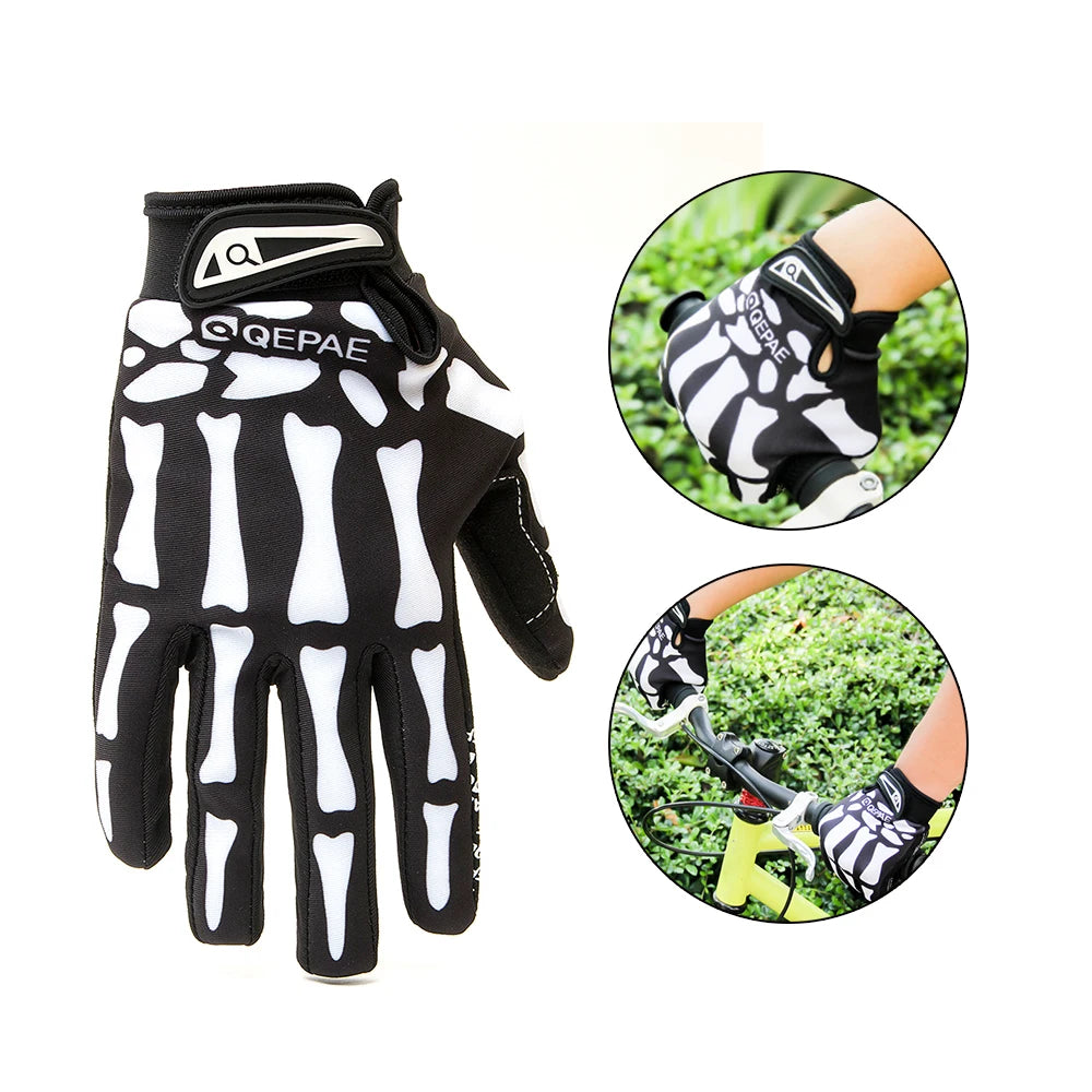 Guantes de ciclismo sin deslizamiento negros y blancos para dedos completos, mostrados desde varios ángulos