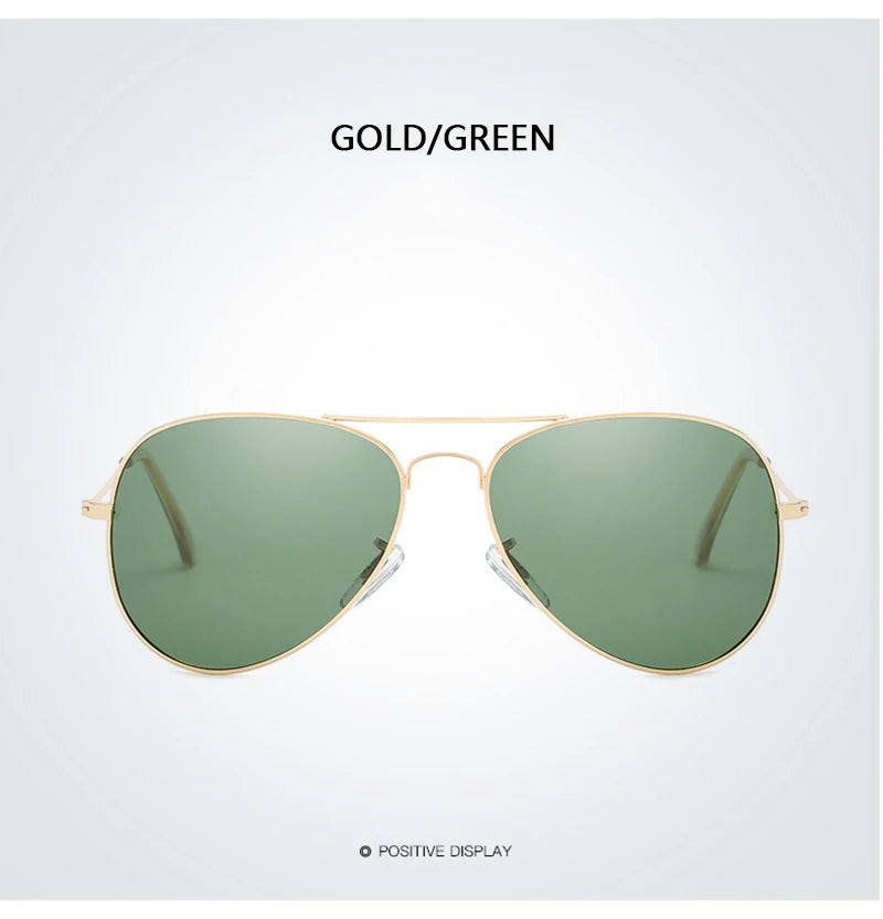 Gold and green polarized pilot sunglasses shown against a white background.