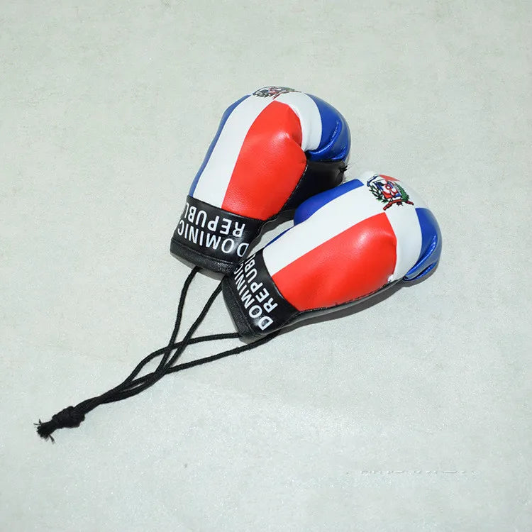 Llavero de guante de boxeo decorativo con colores rojo, blanco y azul y texto de República Dominicana.