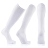 Three white compression socks displayed individually against a white background.
