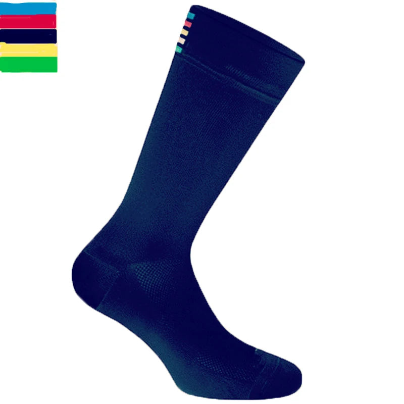 A dark blue performance cycling and sports sock shown in a side profile.