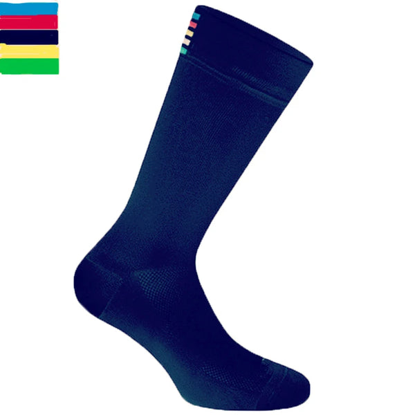 A dark blue performance cycling and sports sock shown in a side profile.
