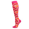 A pair of bright pink compression socks with an orange and white leopard print pattern.