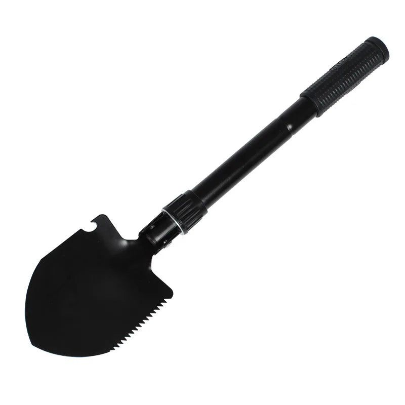 Black foldable multi-tool shovel with a textured handle for camping and gardening