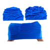 Blue elastic nylon turban swimming cap shown in three views