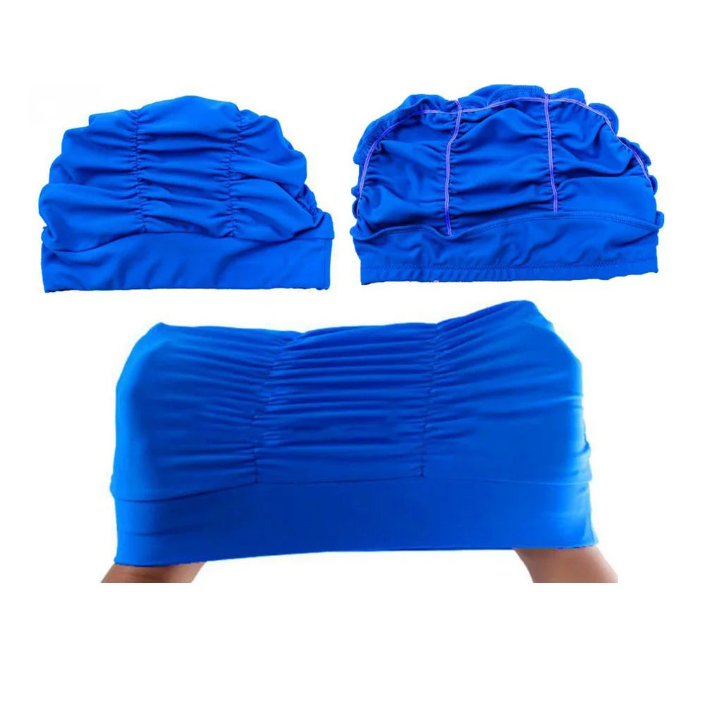 Blue elastic nylon turban swimming cap shown in three views