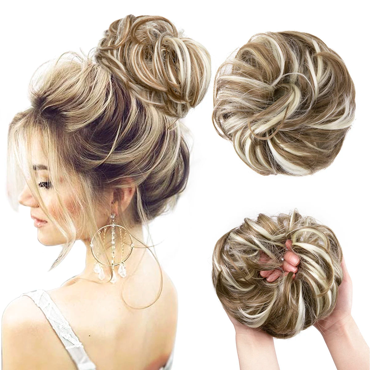 A woman shows off messy curly hair bun extensions styled in a voluminous updo.