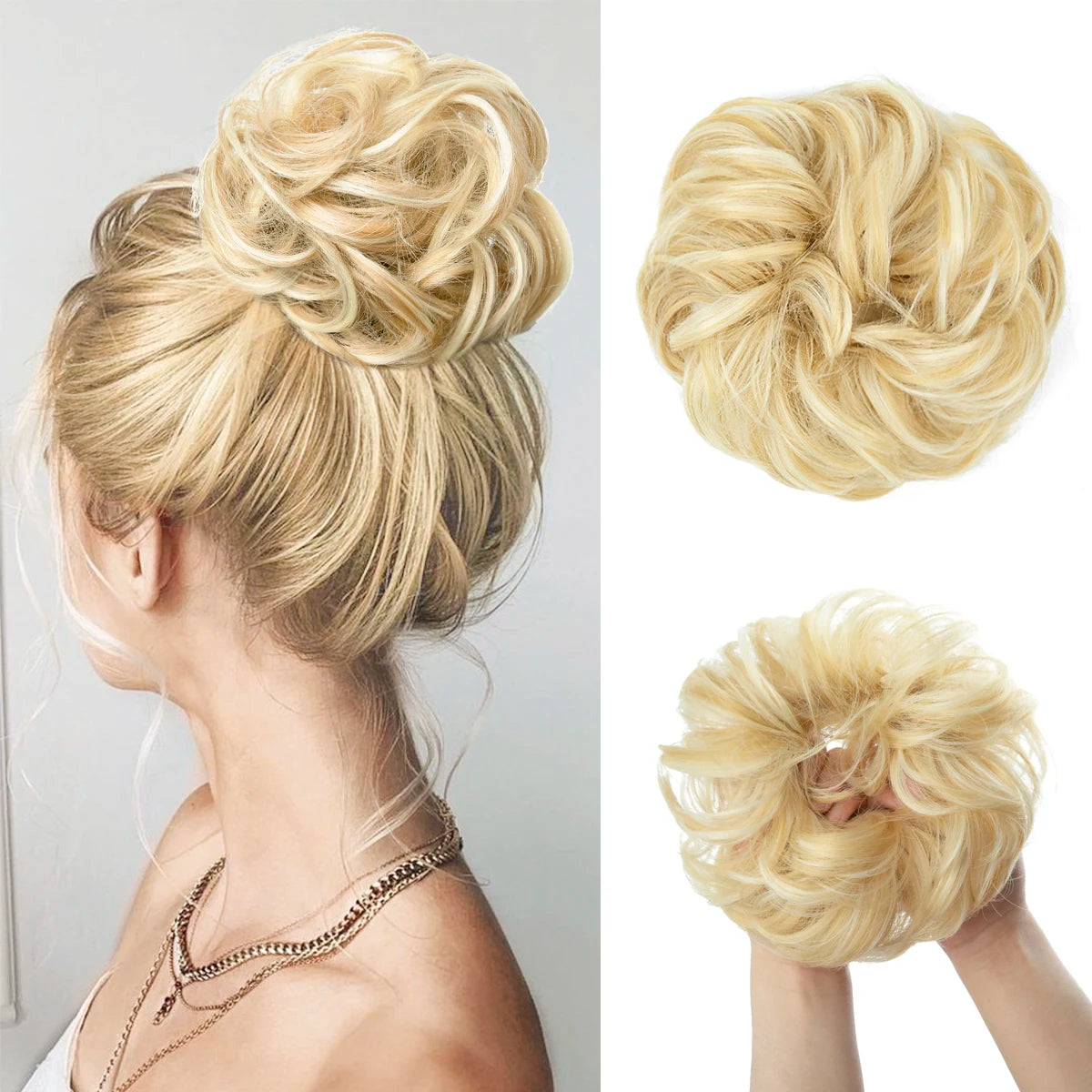 Blonde hair bun extensions styled in a loose, messy curly updo