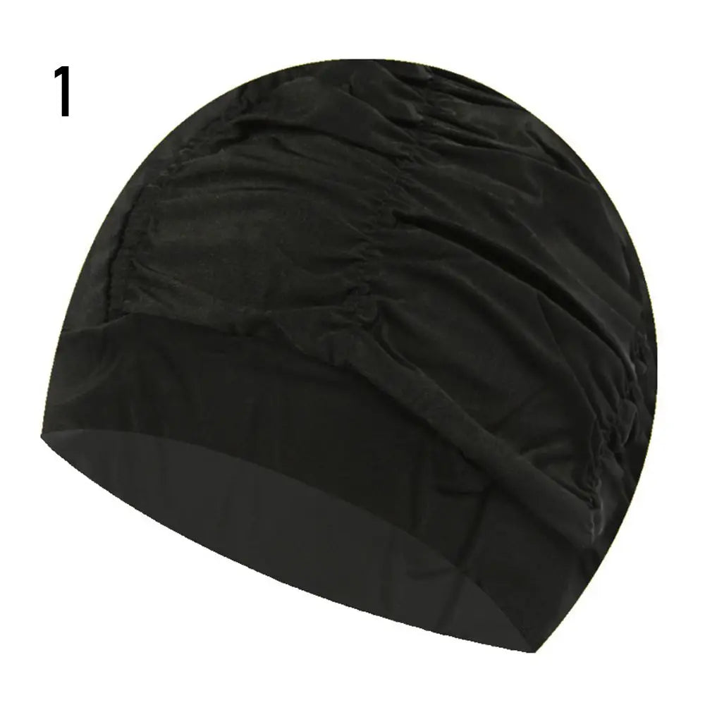 Black elastic nylon turban swimming cap shown from the side.