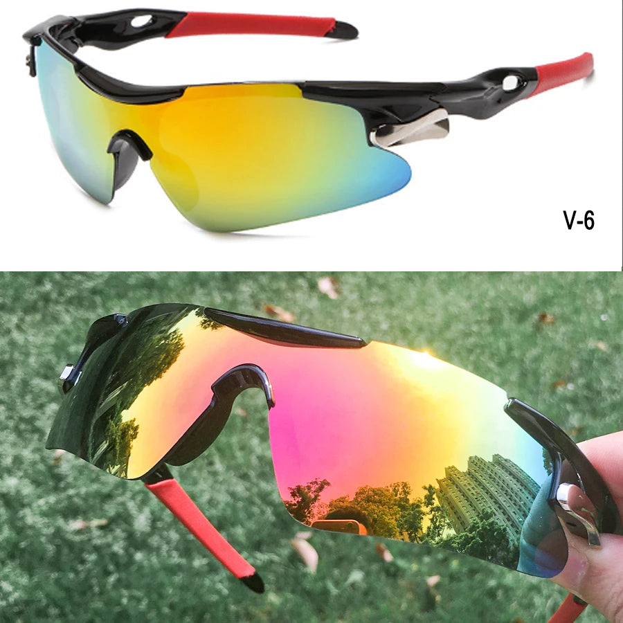A pair of V-6 sport sunglasses with multi-colored lenses shown in two views, one studio shot and one being worn outdoors.