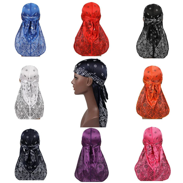 A collection of nine silk paisley durag head scarves in various colors including blue, red, black, white, orange, and purple.