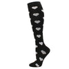 Black compression socks with white heart patterns for circulation and vein support