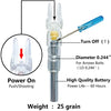 A close-up view of a lighted arrow nock device with a blue plunger and a silver body, showing power on/off switch and specifi