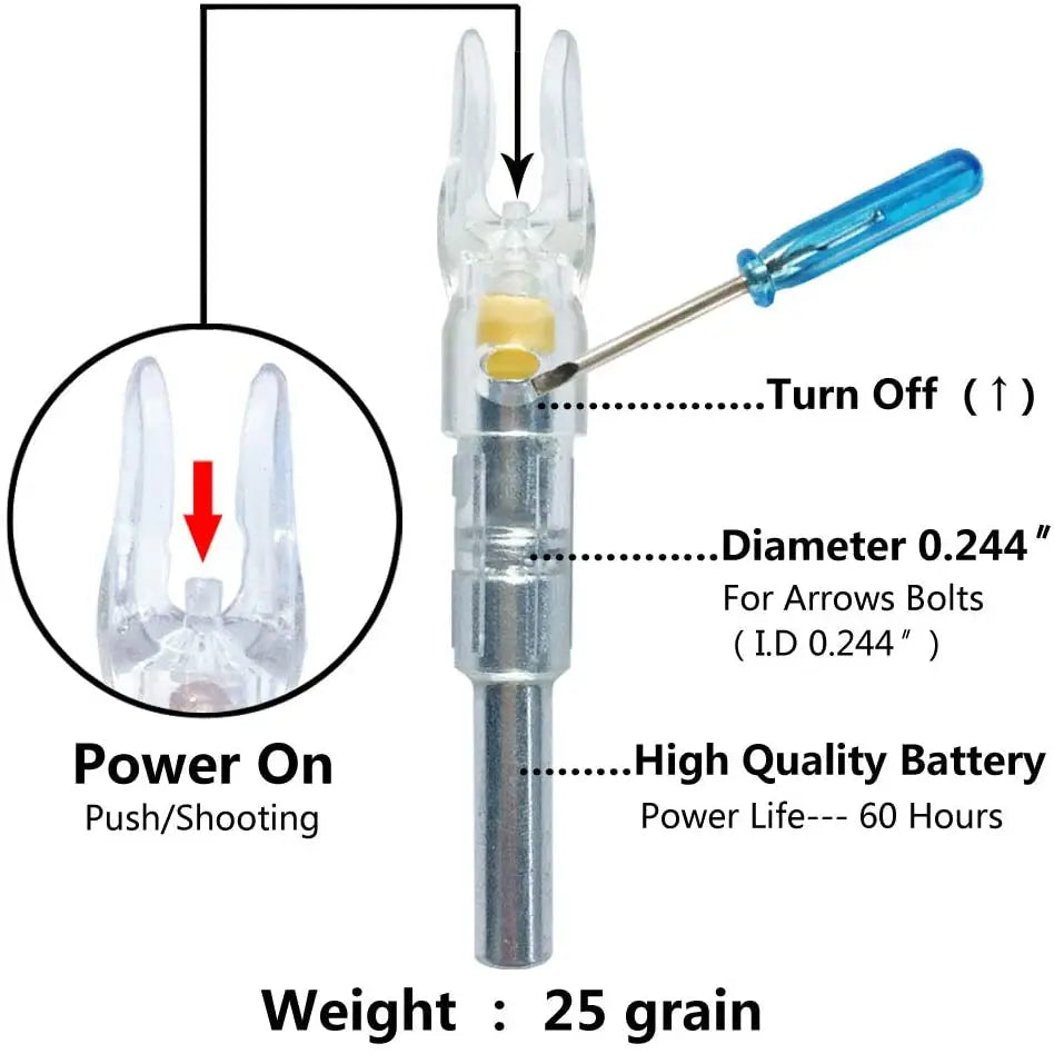 A close-up view of a lighted arrow nock device with a blue plunger and a silver body, showing power on/off switch and specifi