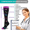 A woman in a white coat holds a list of activities and compression socks for travel, pregnancy, post-surgical cases, running,