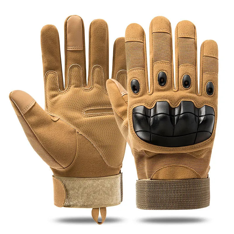 A pair of tan tactical sports gloves shown from above.