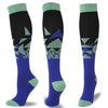 A set of multi-color compression socks featuring geometric patterns in shades of black, blue, and green.