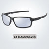 Black and silver C4 polarized sports sunglasses viewed from the front.
