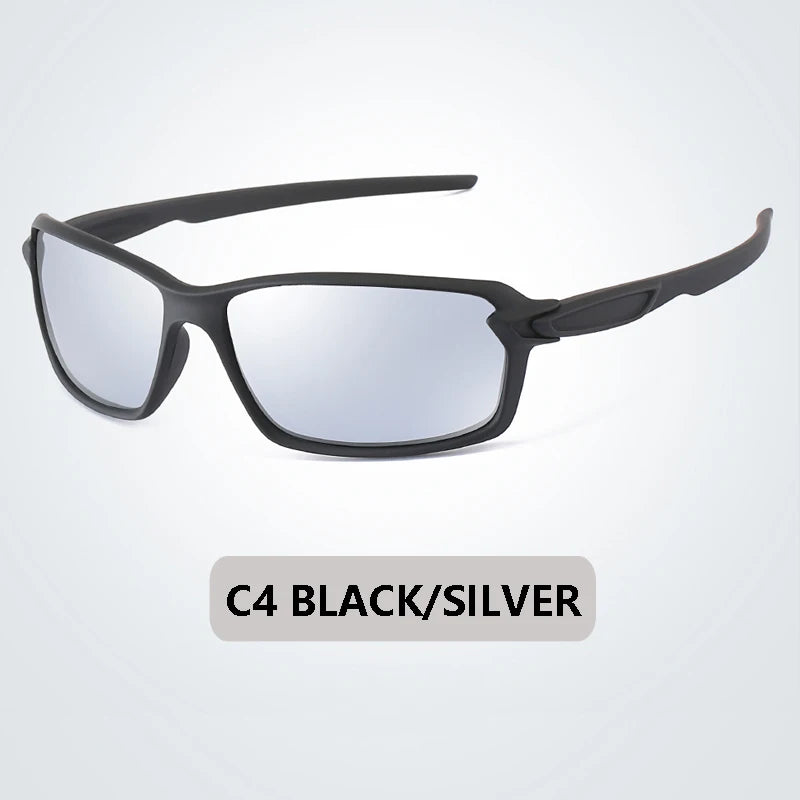 Black and silver C4 polarized sports sunglasses viewed from the front.