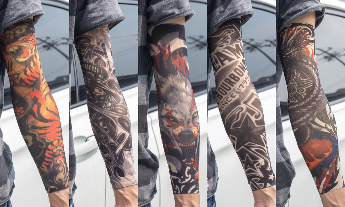 A close-up of a person wearing black and orange reusable UV protection tattoo arm sleeves on their forearm.