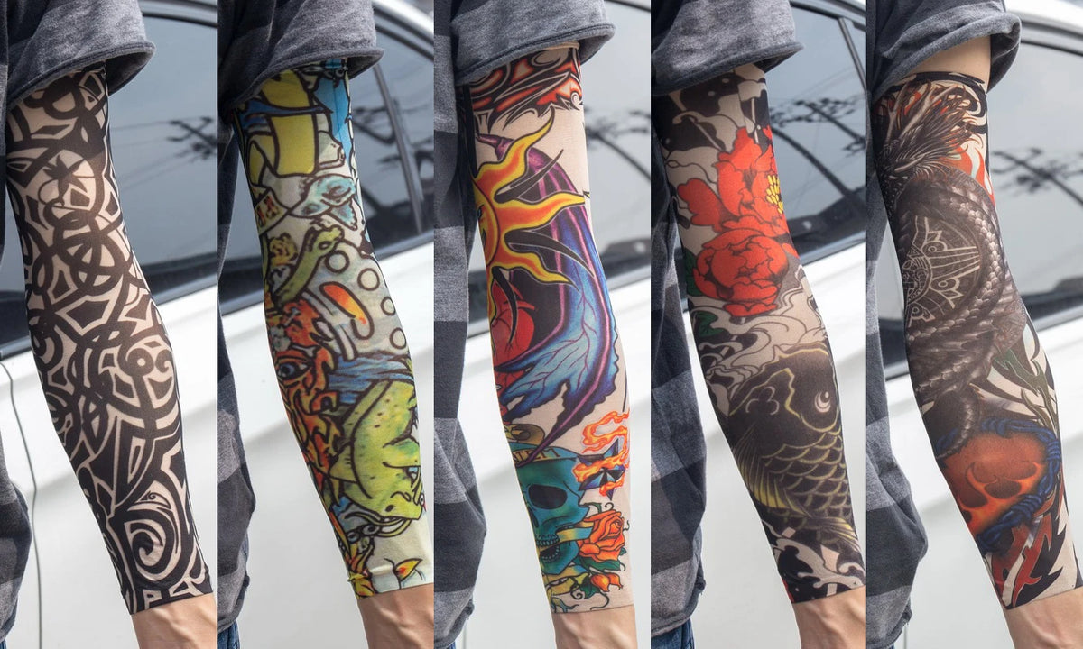 A close-up of a person wearing colorful, patterned reusable UV protection tattoo arm sleeves.