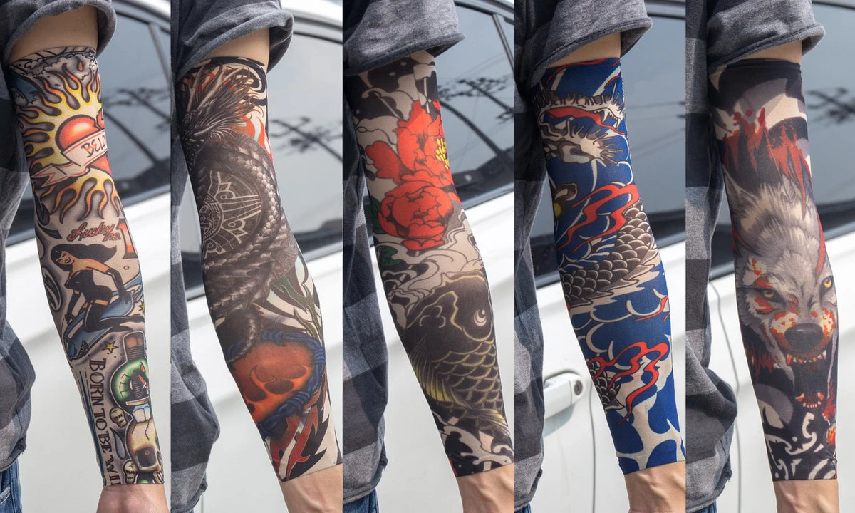 A person wearing reusable UV protection tattoo arm sleeves featuring colorful and detailed designs on their forearm.