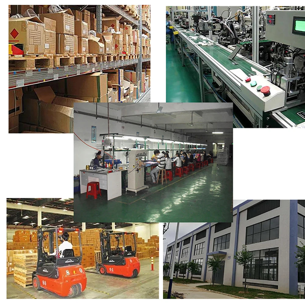 Various images showing archery equipment, including lighted arrow nocks, production lines, and storage boxes.