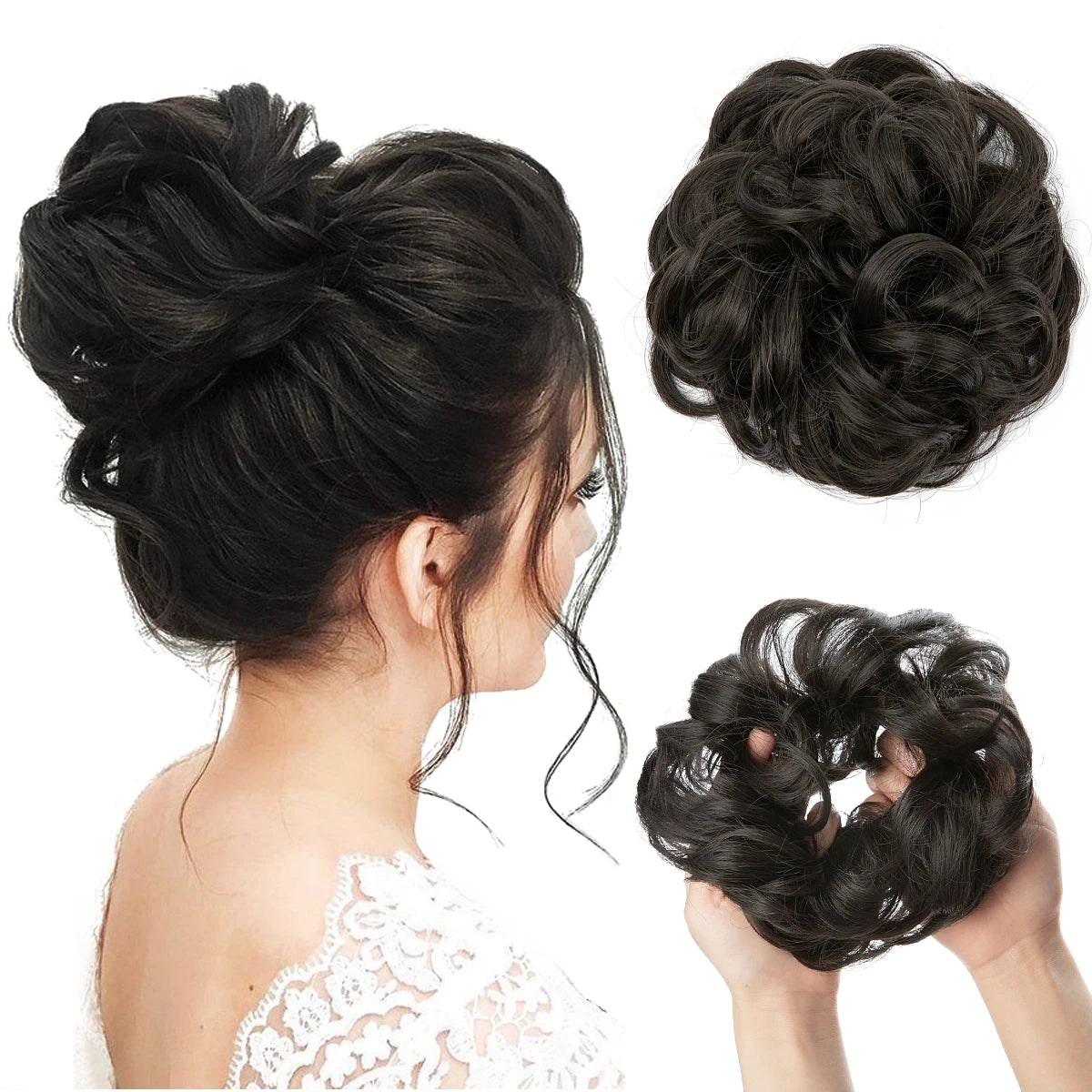A woman's dark hair styled in a messy curly bun, showing off hair extensions.