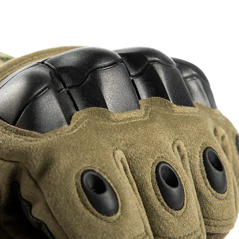 Close-up of olive green tactical sports gloves showing the knuckles and palm area.