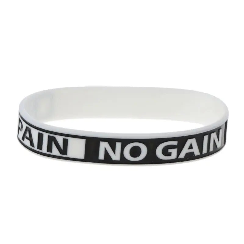 White silicone elastic bracelet with black text reading PAIN NO GAIN