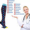 A woman in a white lab coat demonstrates medical grade compression socks with various activity icons.