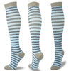 A set of multi-color striped compression socks in light blue and gray.