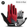 A pair of S030-2-Red cycling and riding gloves shown in a close-up view.