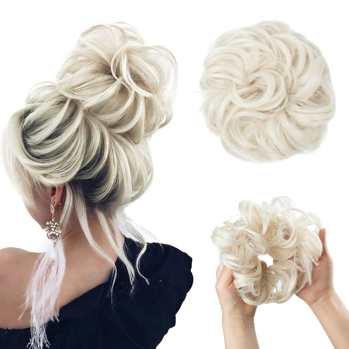 Close-up of blonde hair bun extensions styled in a messy curly updo, shown from the back and top view.