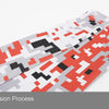 Close-up of tactical arm sleeves featuring a camouflage pattern of red, black, and gray on a white background.