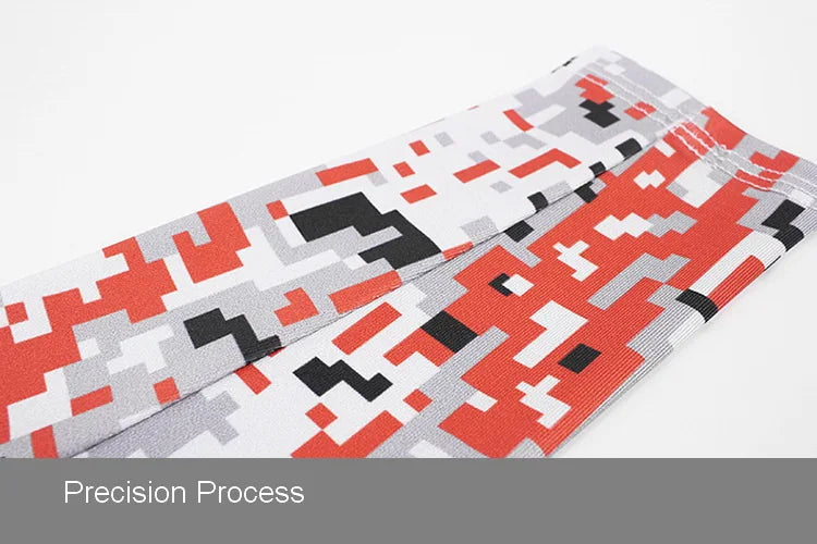 Close-up of tactical arm sleeves featuring a camouflage pattern of red, black, and gray on a white background.