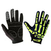 A pair of black and neon yellow skeleton print cycling gloves shown against a white background.