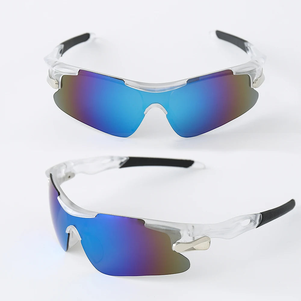Clear frame sunglasses with blue-mirrored lenses for sport and outdoor activities