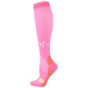 A bright pink graduated compression sock with a textured pattern on the foot.