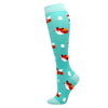 A pair of light blue compression socks featuring a repeating pattern of red and white fox silhouettes.