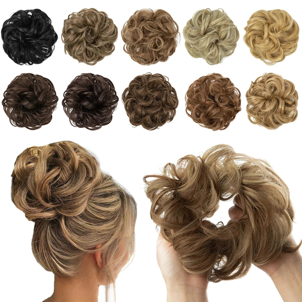 A collection of messy curly hair bun extensions in various shades of brown and blonde.