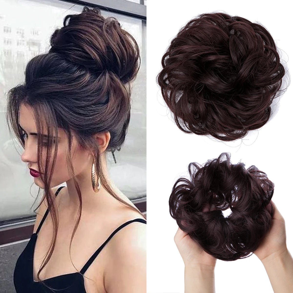 A woman shows off messy curly hair bun extensions styled in an updo and loose curls.