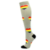 Gray compression socks with rainbow heart designs on the toes