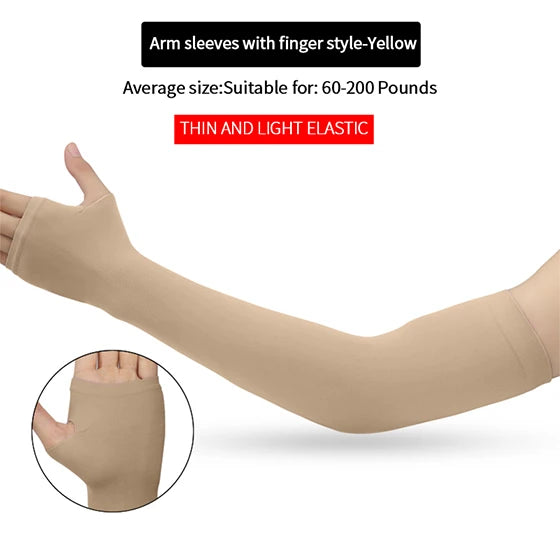 Tan fingerless arm sleeve worn on an arm, showing the fit and elastic texture.