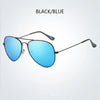 Black and blue polarized pilot sunglasses with black frames and arms