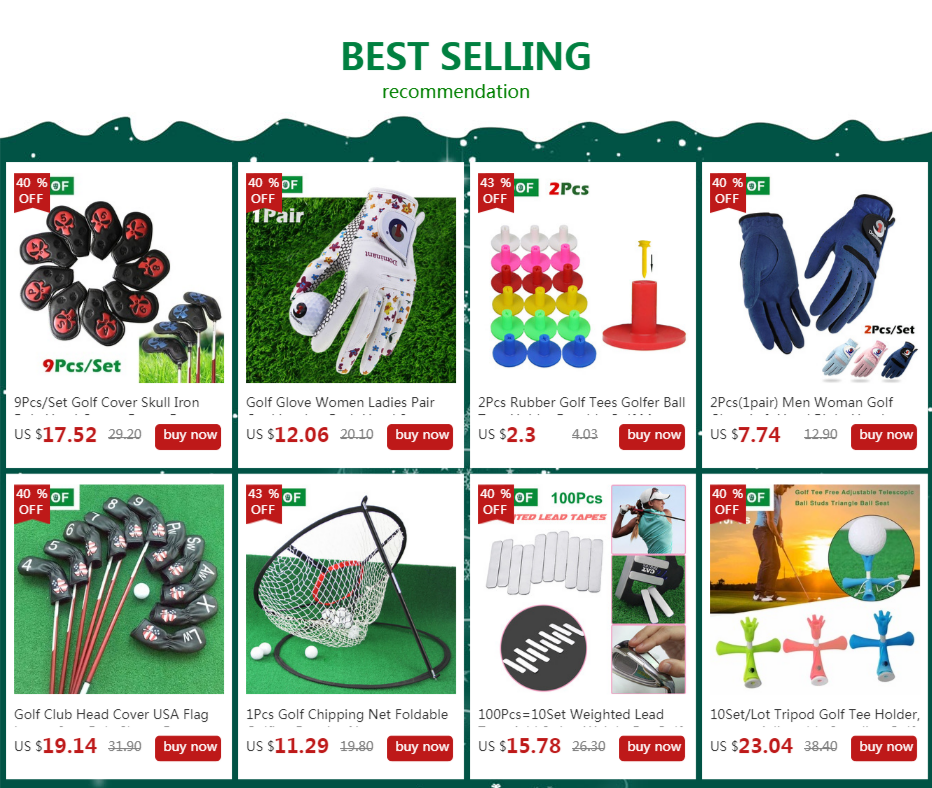 A collection of golf grips including silicone iron, women's gloves, rubber tees, and net foldable grips.